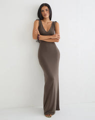 Sanyu Plunge Maxi Dress in Cupro Dark Brown
