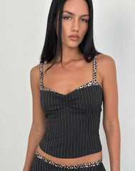 Elsa Top in Pinstripe Black with Leopard Binding