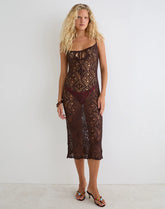 Yasiya Midi Dress in Open Crochet Knit Dark Chocolate