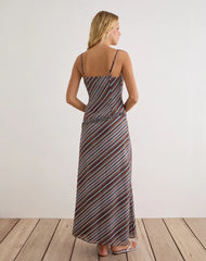 Angie Maxi Dress in Chiffon Grey and Maroon Diagonal Stripe