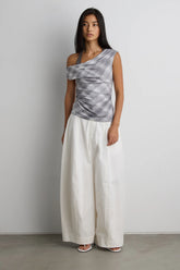 DRAPED CHECKERED COWL NECK TOP