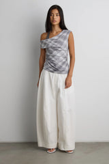 DRAPED CHECKERED COWL NECK TOP