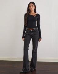 Donela Long Sleeve Top with Flower Ring in Black