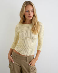 Ione Quarter Sleeve Top in Butter Yellow with Micro Polka Dots