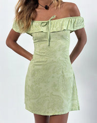 Kenja Bardot Mini Dress in Retro Paisley Lime
