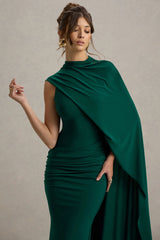 Maeve | Bottle Green Cape-Sleeve Draped Maxi Dress