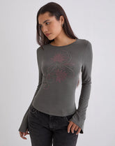 Tiyana Long Sleeve Top in Diamante Flower Dark Grey