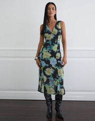 Olydia Midi Dress in Black Chiffon with Crystal Flower Print