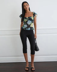 Selita Top in Black Chiffon with Crystal Flower Print