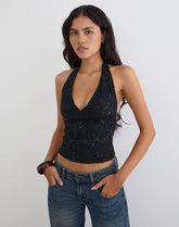 Cosio Halter Top in Sequin Knit Black