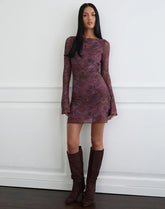Sevila Long Sleeve Mini Dress in Mesh Blurry Floral Burgundy
