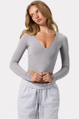 Ruched Long-Sleeve Crop Top in Grey