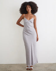 Alenya Maxi Dress in Chiffon Monochrome Silver Grey Polka