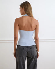 Amita Top with Pearl Buttons in Rib Knit Dusty Blue