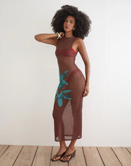 Fay Midi Dress in Brown with Blue Desert Rose