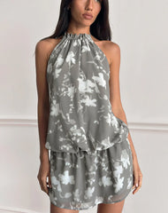 Veloria Halterneck Mini Dress in Blurred Floral Grey