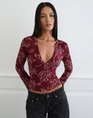 Emesy Long Sleeve Top in Outline Rose Marooon