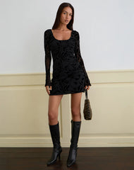 Selca Mini Dress in Flock Leaf Flower Black
