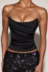 Satin Draped Lace-Up Corset Top in Black Purple