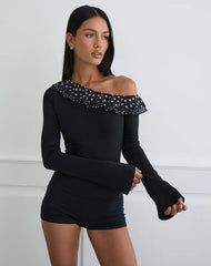 Sariya Long Sleeve Top in Cupro Black with Tiny Polka Ruffles