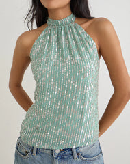 Beyi Halterneck Top in Chiffon Sequin Jade