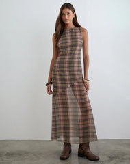Elska Maxi Dress in Brown and Pink Blurry Check