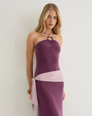 Moisa Maxi Dress in Cupro Deep Purple and Dusty Pink