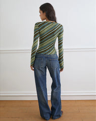 Emesy Long Sleeve Top in Mixed Stripe Green