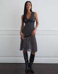 Sovira Midi Dress in Chiffon Black with Tiny Polka Print