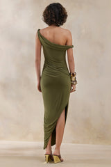 Angelique | Olive Green Twisted Asymmetric Maxi Dress