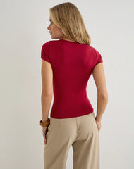 Cash High V Neck Top in Adrenaline Red