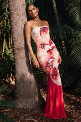 Ceremony | Large Pink Floral Print Bandeau Fishtail Maxi Dress