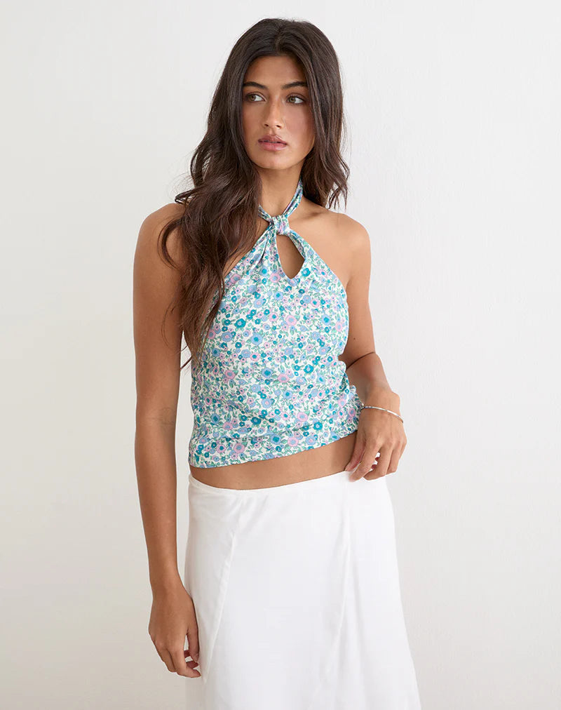 Giulia Knot Halterneck Top in Flower Power Blue