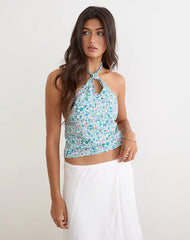 Giulia Knot Halterneck Top in Flower Power Blue
