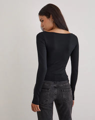 Donela Long Sleeve Top with Flower Ring in Black