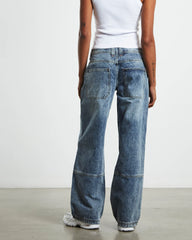 Emison Low Rise Paneled Straight Leg Jeans Faded Stone Wash Blue