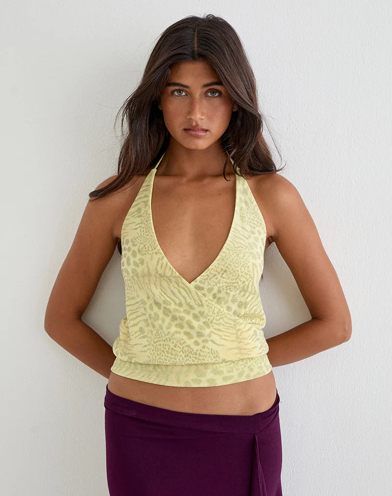 Sadara Drape Halter Top in Green Leopard