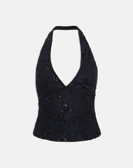 Cosio Halter Top in Sequin Knit Black