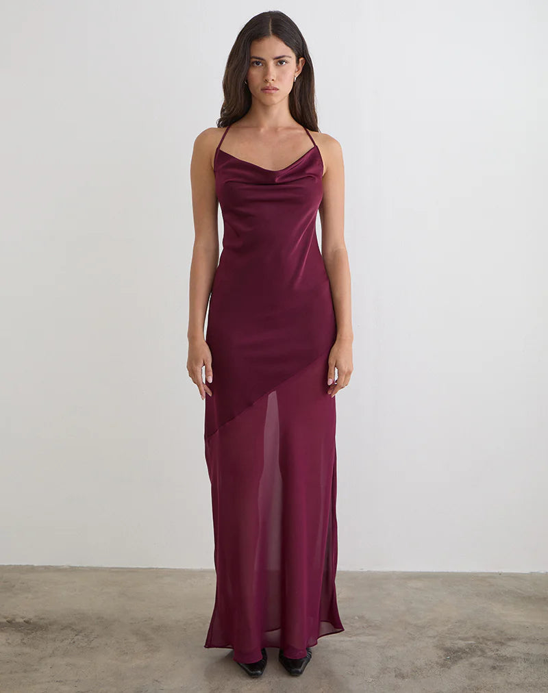 Eshara Maxi Dress in Chiffon Satin Burgundy