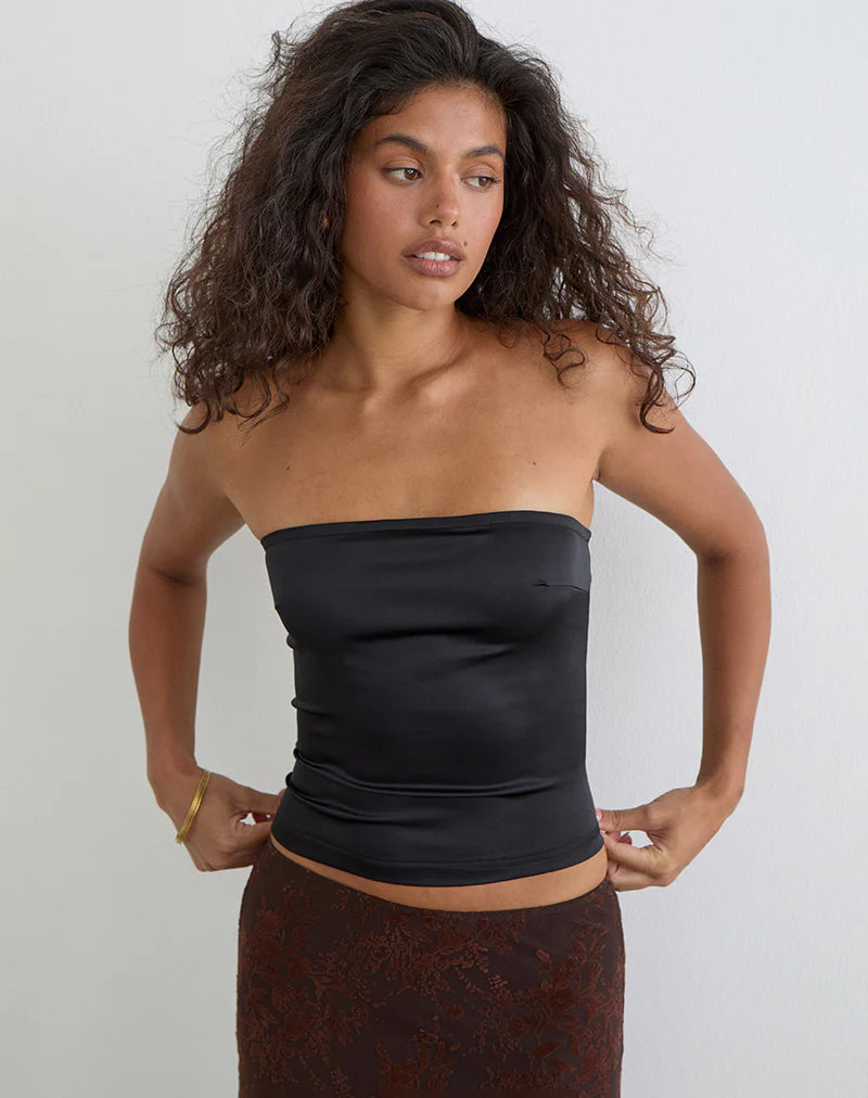 Ayaka Lace Up Corset Top in Satin Black