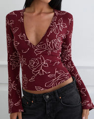 Emesy Long Sleeve Top in Outline Rose Marooon
