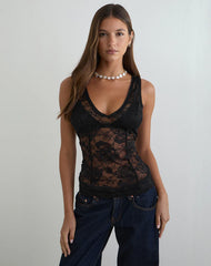 Yoren Top in Black with Picot Lace Trim