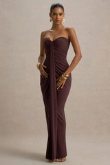 Ali | Warm Brown Sweetheart Ruched Wrap Maxi Dress