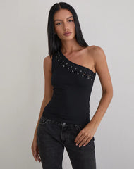 Chivago Cross Lace Up One Shoulder Top in Jersey Black