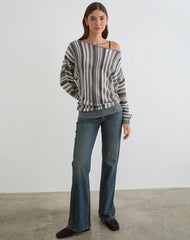 Monara Off Shoulder Knit Top in Big Stripe Grey