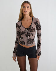 Jumah Top in Taupe Grey with Bold Floral Flock