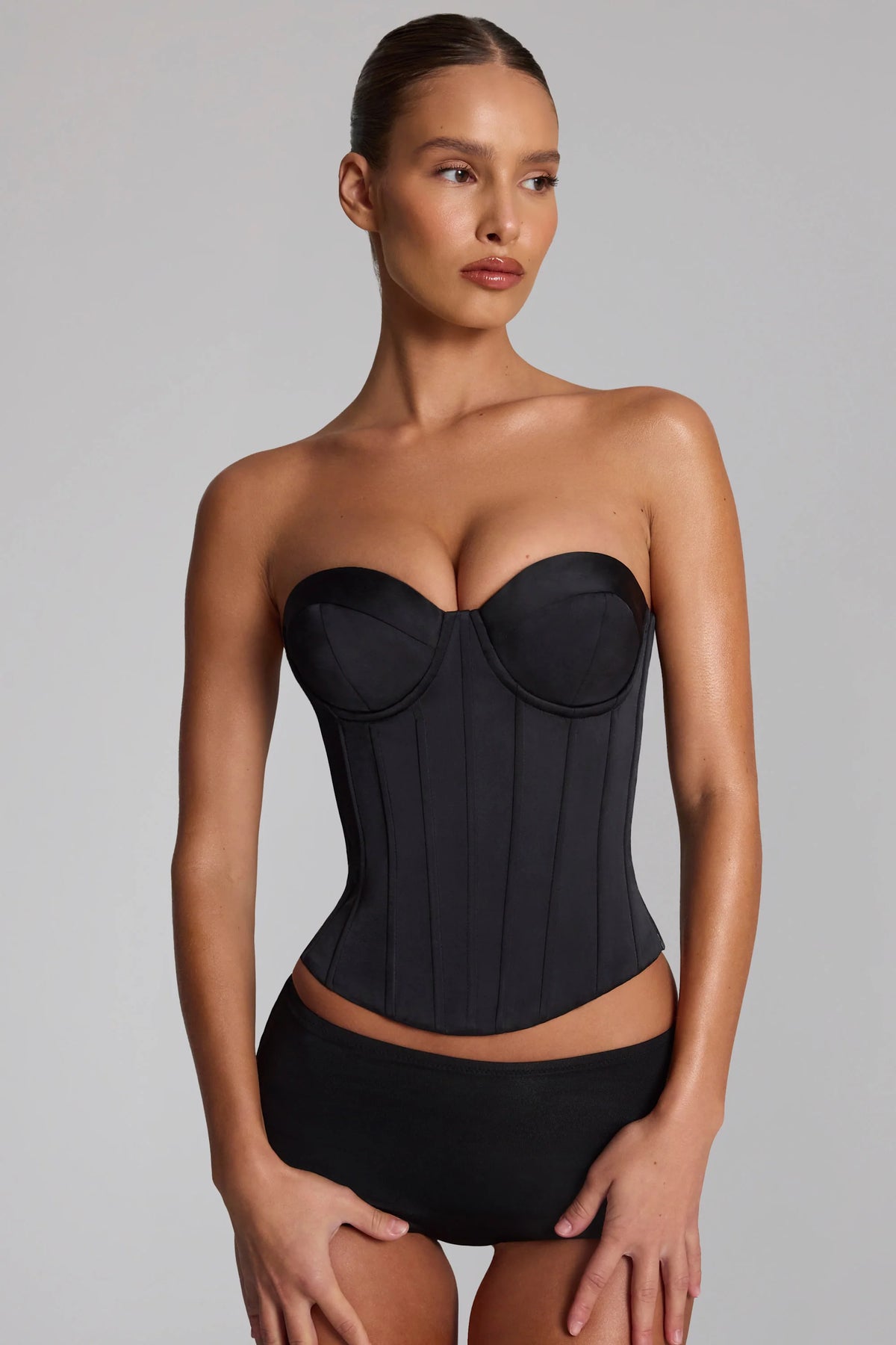Satin Lace-Up Corset Top in Black