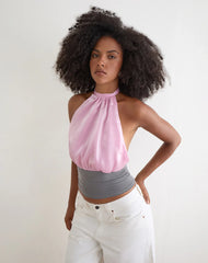 Rania Backless Top in Satin Organza Pink with Grey Contrast