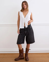 Argya Tie Front Top in Rayon White with Lace Trim