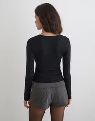 Aye Plunge Long Sleeve Top with Ruched Neck in Black